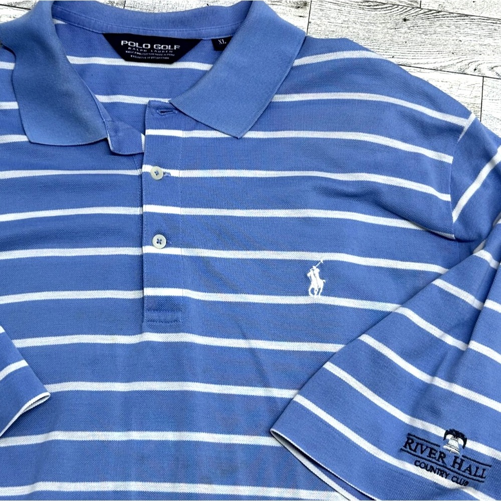 Polo Golf Ralph Lauren Shirt Mens XL Blue White Striped River Hall Country Club